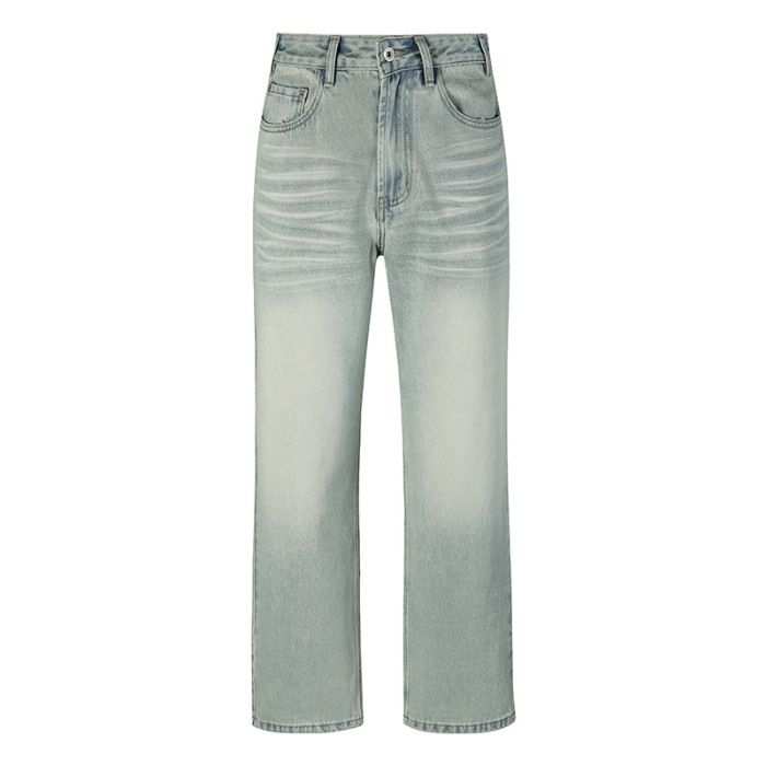 Hand-Painted Vintage Washed Jeans – Light Blue Straight Leg Cleanfit Denim For Men & Women (S-3XL)_mkmklike.com