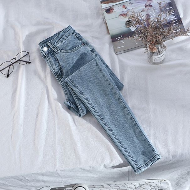"High Waist Skinny Jeans For Women - Slim Fit Cigarette Pants, Stretch Denim With Tummy Control, Versatile Black & Gray Pencil Pants For Casual_mkmklike.com