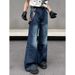High Street Vintage Washed Denim Jeans – Relaxed Straight-Leg With Subtle Flare (Unisex,Mid-Rise Zip Fly, Distressed Detailing)_mkmklike.com