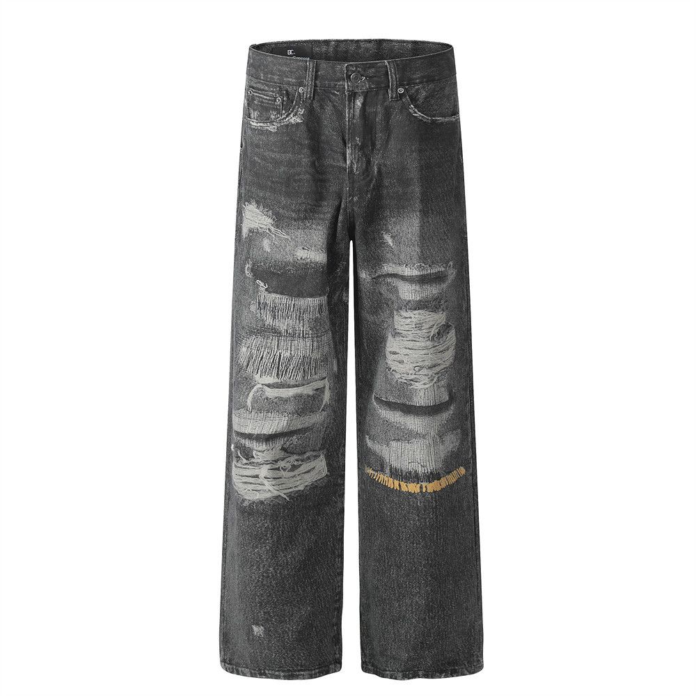 Unique High Street 3D Digital Direct Print Distressed Printed Jeans Men's Trendy Brand Washed Wide-Leg Straight Long_mkmklike.com