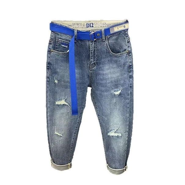 Men's Slim Fit Stretch Jeans Distressed Nine-Tenths Denim Pants Breathable Cotton Mid-Rise Button Fly Light Wash Blue Casual Streetwear_mkmklike.com