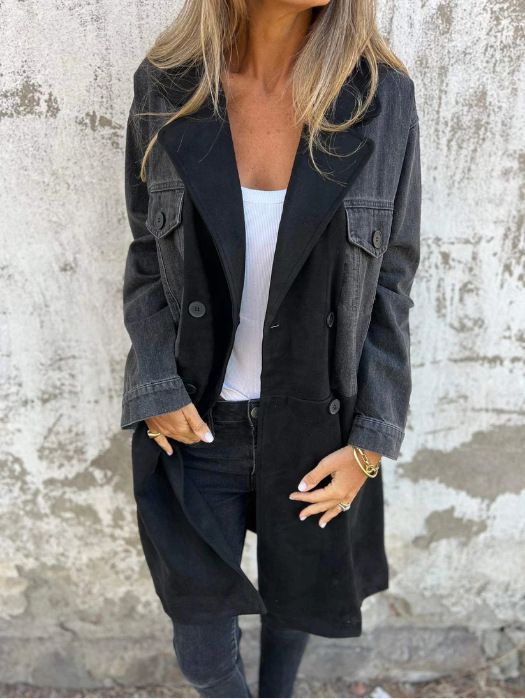Women’s Loose-Fit Denim Jacket – Lapel Long Sleeve Mid-Length Coat With Splicing Design (S-5XL, Black/Navy Blue)_mkmklike.com