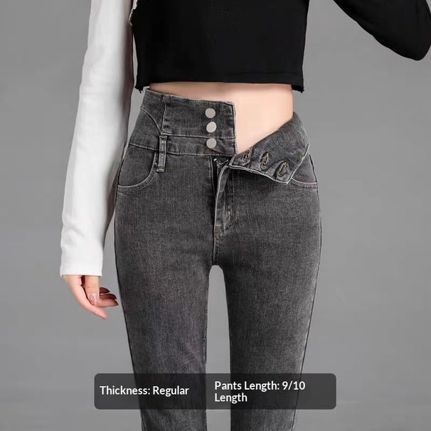 Women's Fleece-lined High-waisted Jeans, 2024 Autumn And Winter New Style, Stretchy Pencil Slim-fit Skinny Cropped Pants_mkmklike.com