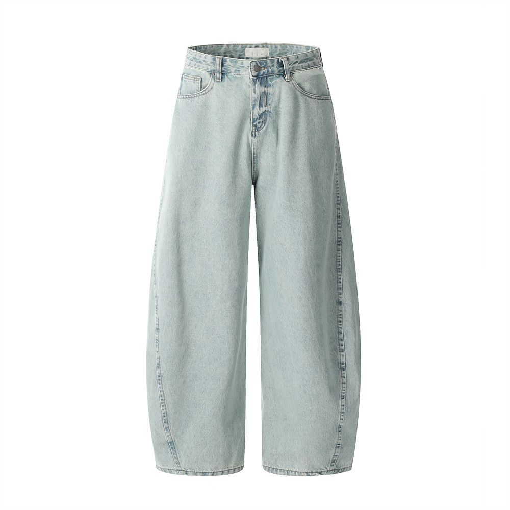 Heavy-duty Washed Scimitar Jeans American Style Loose Wide-leg Men's Light-colored Distressed Banana Pants_mkmklike.com