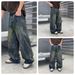 Men's Trendy High Street Loose Fitting Wide Leg Jeans Dark Gray Washed Graffiti Design Unisex Midweight Cotton Long Pants_mkmklike.com