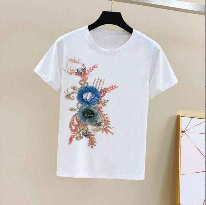 Women's Version Heavy Beaded Embroidery Short Sleeve + Skinny Ripped Jeans Suit For Women_mkmklike.com