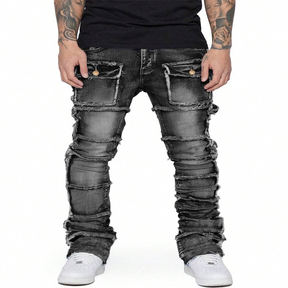 Spring Autumn 2025 Fashion European-Amecian Style Straight Type Cargo Jeans Men's Cotton Elastic Iaminated Micro Flared Denim Pants S-2XL_mkmklike.com
