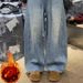 Plus Size Vintage Distressed Rhinestone Jeans For Women – Oversized Wide-Leg High-Waisted Denim Pants With Embellishments (Streetwear Style)_mkmklike.com