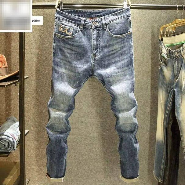 Vintage Men's Slim Straight Jeans With Distressed Patches & Stretch - Retro Autumn Style (Light Blue)_mkmklike.com