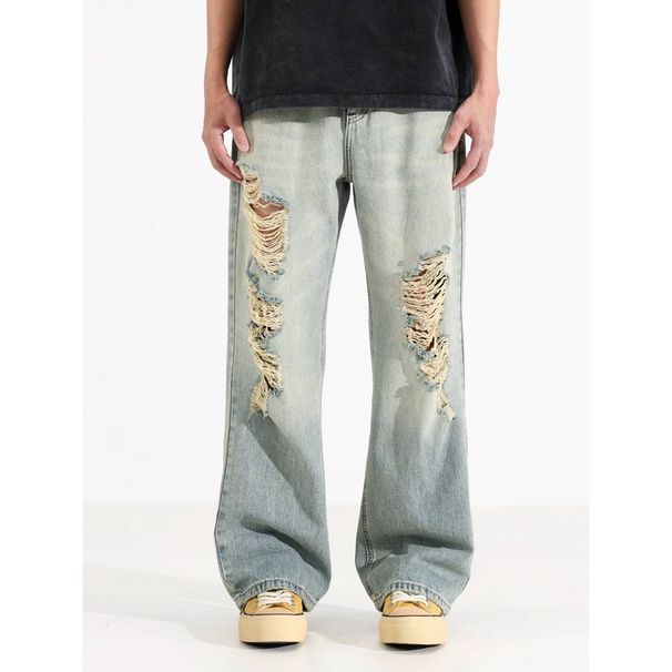 Plus Size Men's Jeans High Street Style Trendy Distressed Faded Casual Loose Straight Leg Chubby Style_mkmklike.com