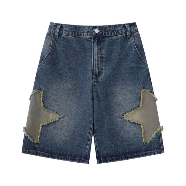 Men's Clothing Men's Denim Shorts Pasted Star Embroidered Denim Shorts For Men's Summer Vibe High Street Trendy Five Piece Loose Straight Leg Pants_mkmklike.com