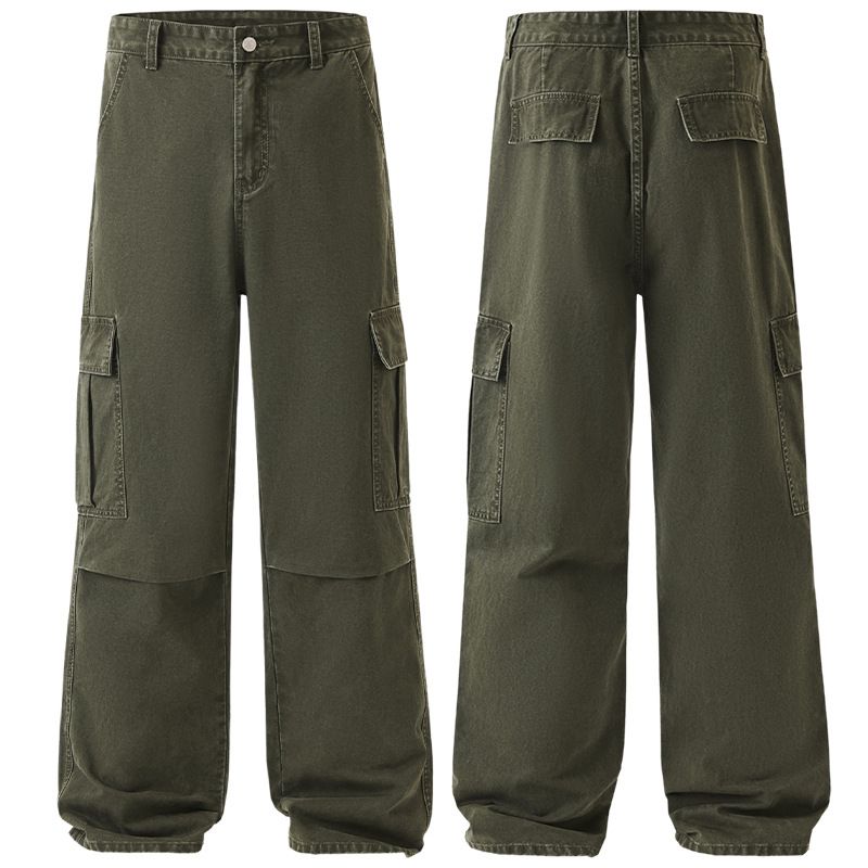 Men's Clothing & Archer0603 & American Trendy Stonewashed Loose Wide Leg Straight Cotton Paratrooper Green Workwear Jeans For Men_mkmklike.com