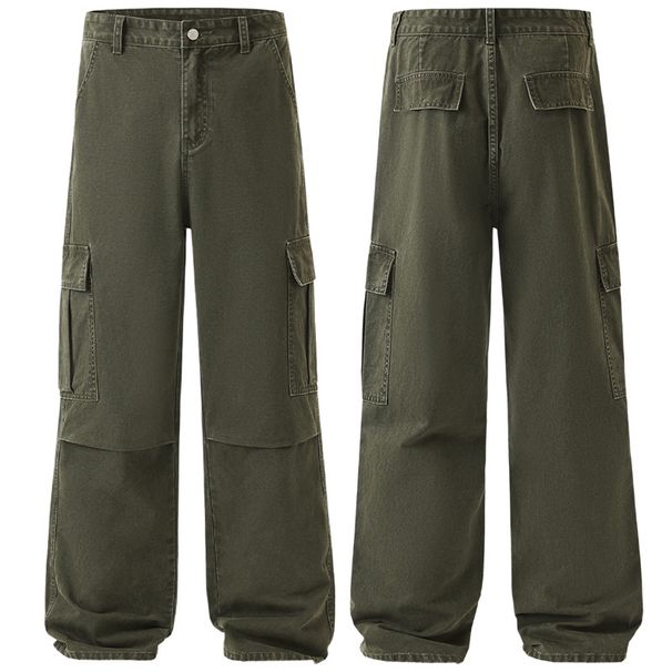 Men's Clothing & Archer0603 & American Trendy Stonewashed Loose Wide Leg Straight Cotton Paratrooper Green Workwear Jeans For Men_mkmklike.com