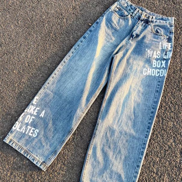 Men's Clothing High Street Whitening Digital Direct Injection Letter Denim Trousers Men And Women Street Retro Loose Washed Straight Jeans Trend_mkmklike.com