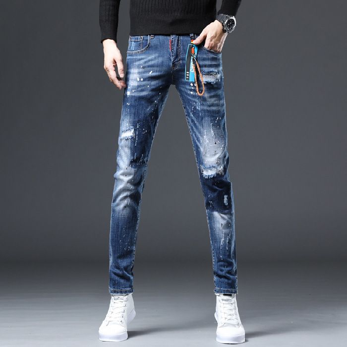 Korean Style Slim Fit Straight Four Seasons Long Pants Versatile Trendy Brand Claw Mark Washed Distressed Jeans Men's_mkmklike.com
