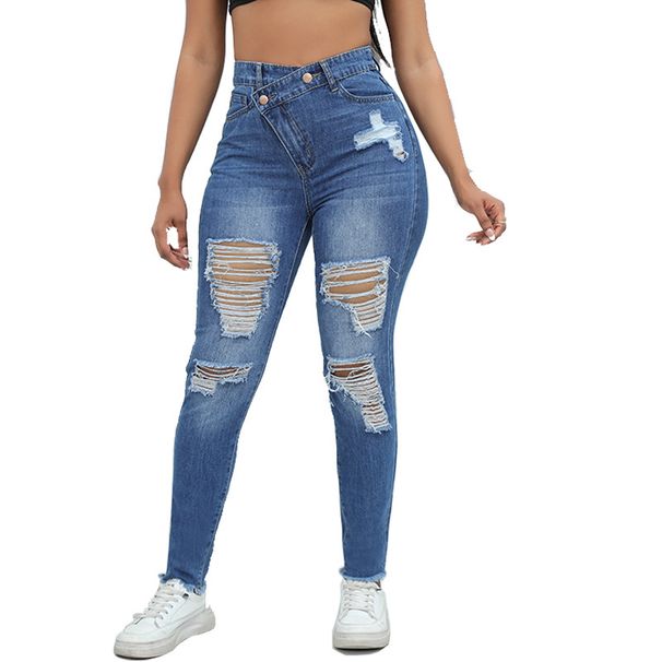Women's Clothing Denim Autumn High End Large Size Ripped High Waist Slim Niche Washed Women's Jeans_mkmklike.com