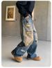 Men's Distressed Straight Leg Jeans With Star Rhinestones - Vintage Washed Loose Fit Wide Leg Pants For Casual Streetwear_mkmklike.com