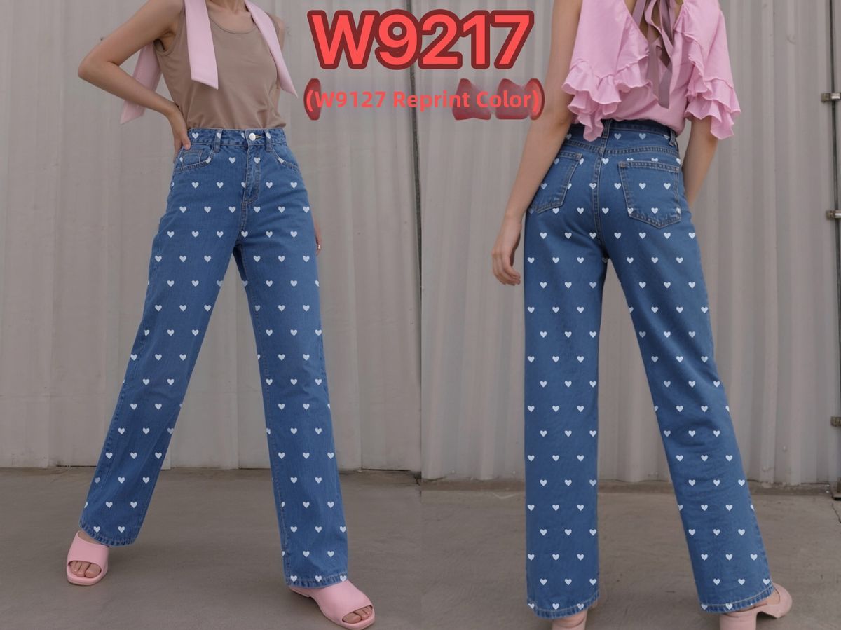 Women's Clothing Pink Heart Patterned Wide Leg Jeans Slim Fit European American Style_mkmklike.com