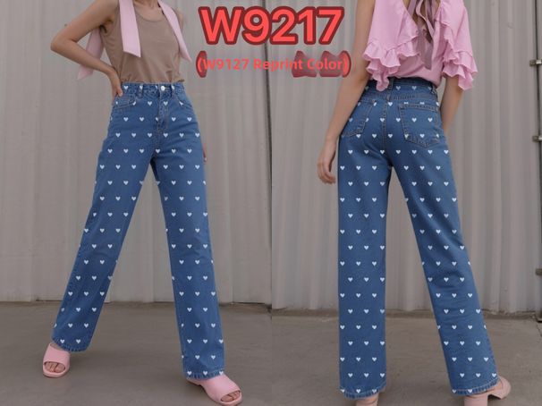 Women's Clothing Pink Heart Patterned Wide Leg Jeans Slim Fit European American Style_mkmklike.com