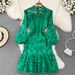 Women's Retro palace style stand-up collar puff sleeve waist slimming A-line ruffled crochet hollow water-soluble lace dress_mkmklike.com