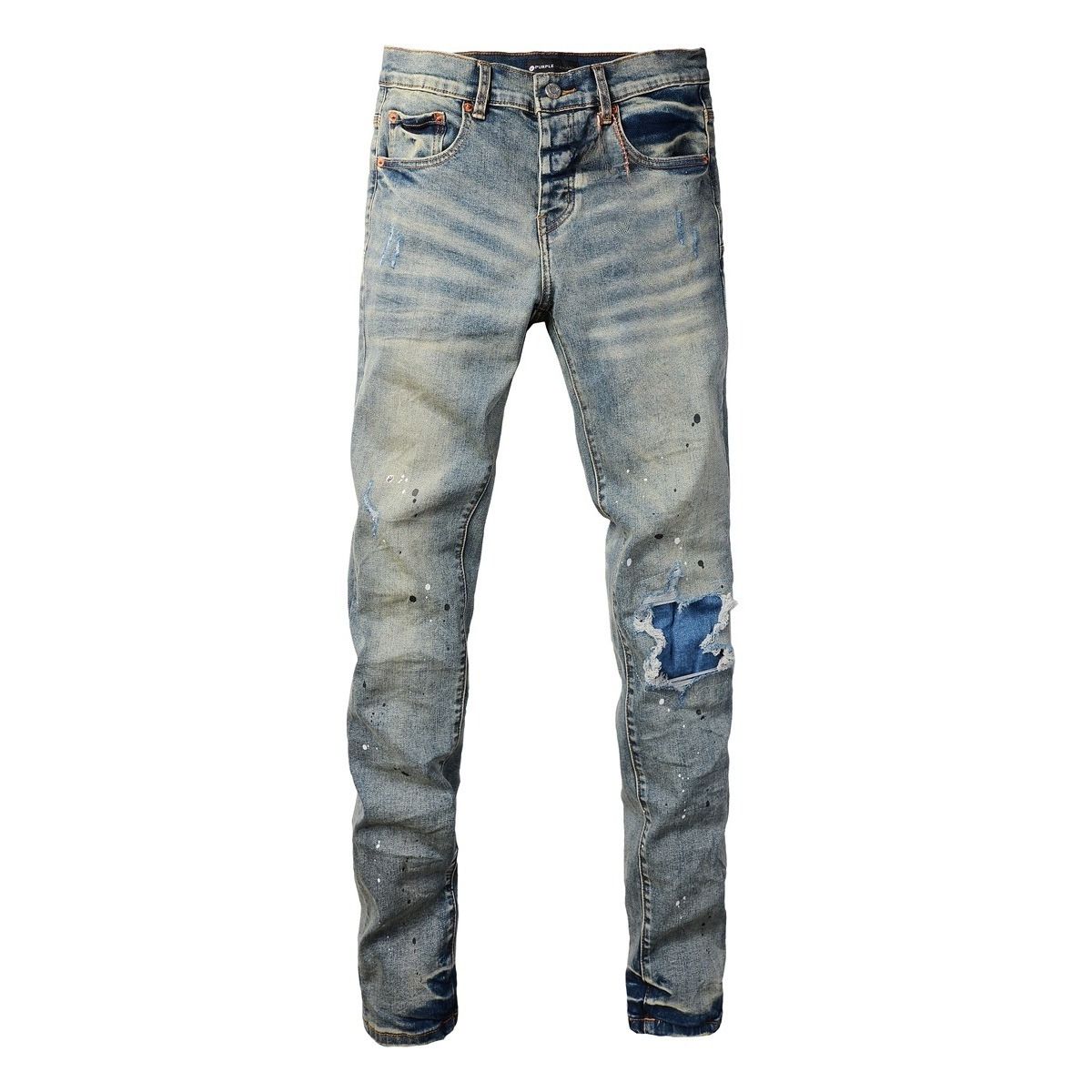 Unisex American Y2K Hip Hop Motorcycle Stacked Flared Jeans, Mud-Wash Vintage Blue With Contrast Lining & Large Rips, Black-White Splatter Paint, Brea_mkmklike.com