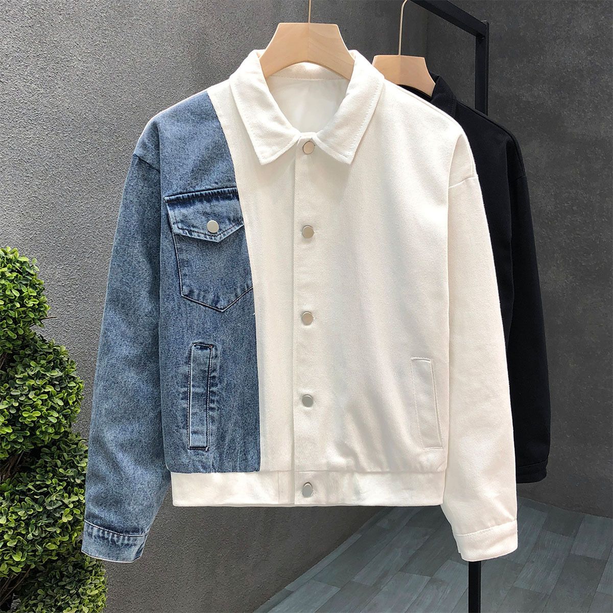 Men's Stylish Denim Patchwork Jacket - Trendy Casual Coat With Unique Design, Comfortable & Fashionable For Autumn_mkmklike.com