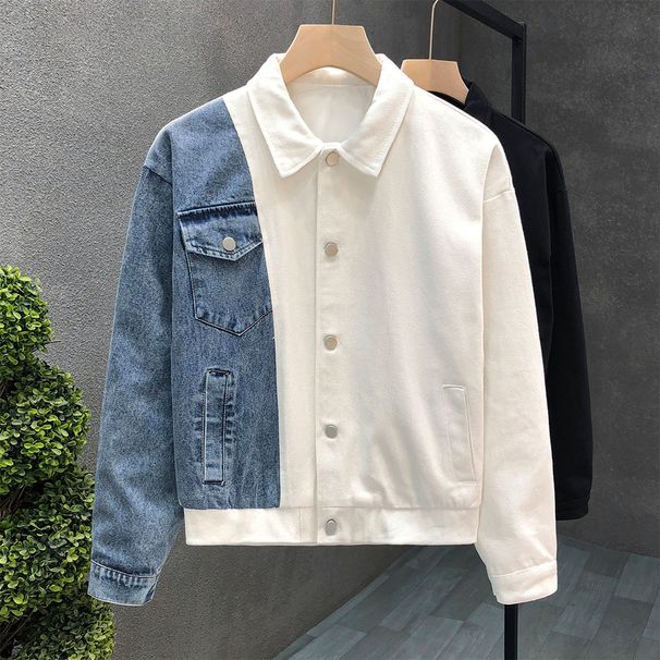 Men's Stylish Denim Patchwork Jacket - Trendy Casual Coat With Unique Design, Comfortable & Fashionable For Autumn_mkmklike.com