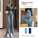 American-style Slit Micro-flare Jeans For Women, Spring/summer, Light Blue, High-waisted, Stretchy, Narrow Wide-leg With_mkmklike.com
