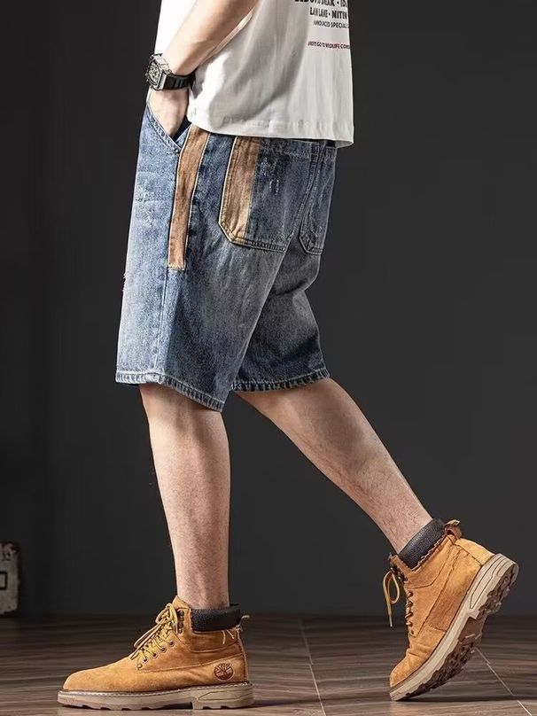 American Style Denim Shorts For Men In Summer, Ripped Brand Shorts, Casual Mid Length Trendy Cool Cropped Pants, And_mkmklike.com