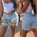 Women's Clothing Patch Ripped Denim Shorts Women's Washed Raw Edge Slim Fit Shorts_mkmklike.com
