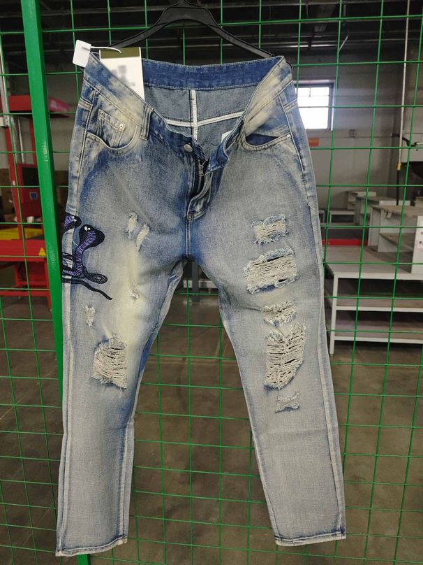 Men's Clothing Gray Distressed Embroidered Jeans, Trendy Stretch Slim Fit, American High Street Style Trousers_mkmklike.com