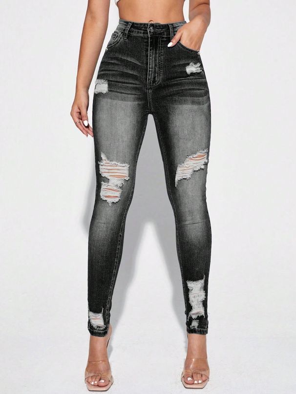 Women's High-Waisted Stretch Ripped Jeans – Slim Fit Skinny Denim Pants With Distressed Details, Comfortable & Trendy Casual Trousers_mkmklike.com