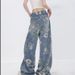 Printed Blue Denim Wide-leg 2024 Summer New Thin Straight-leg Long Retro Trousers Floor-length Pants Women's Clothing_mkmklike.com