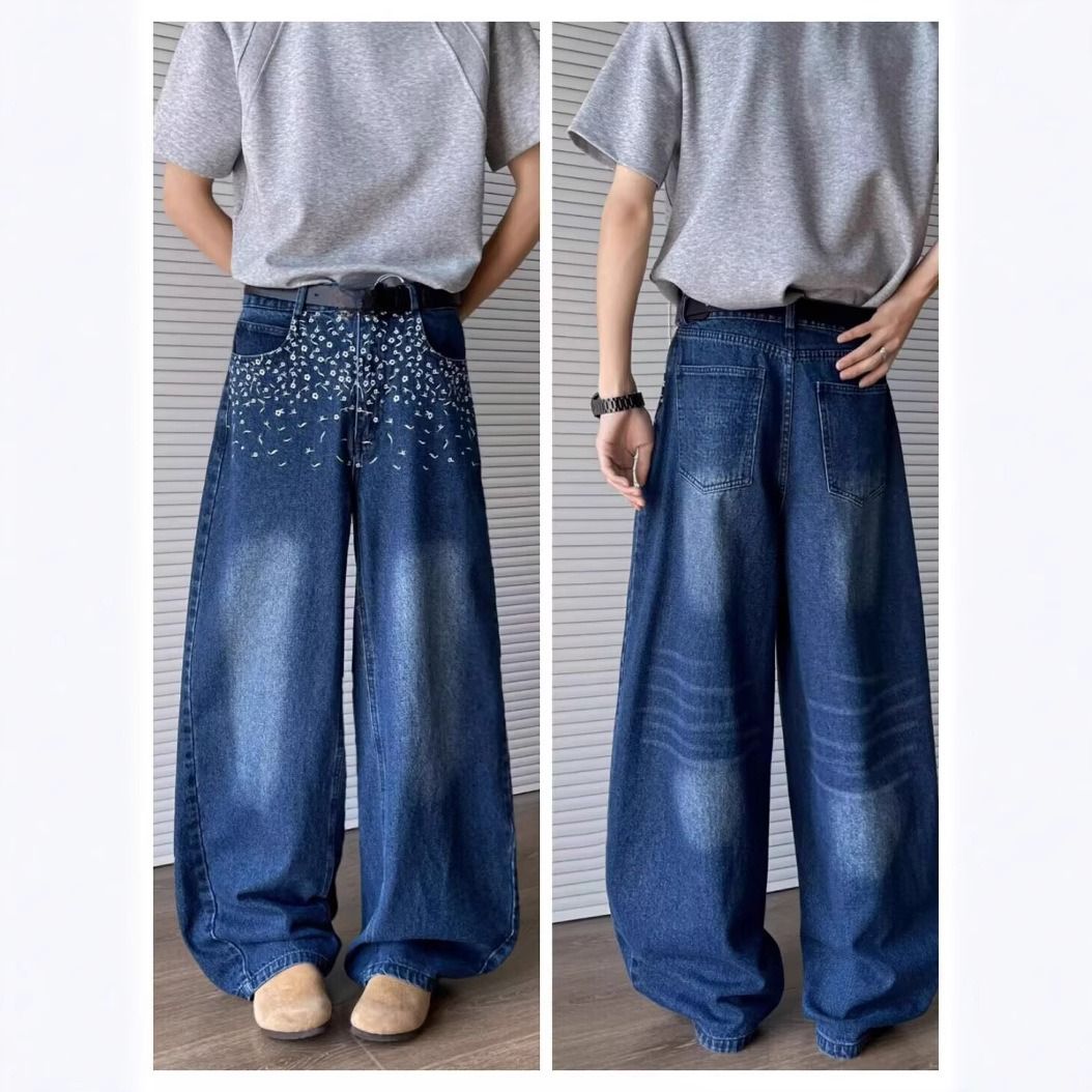 Floral Embroidered Washed Denim Jeans – Oversized Boyfriend Fit With Streetwear Drop-Cuff Hem (Unisex, Distressed Detailing, Spring Essential)_mkmklike.com