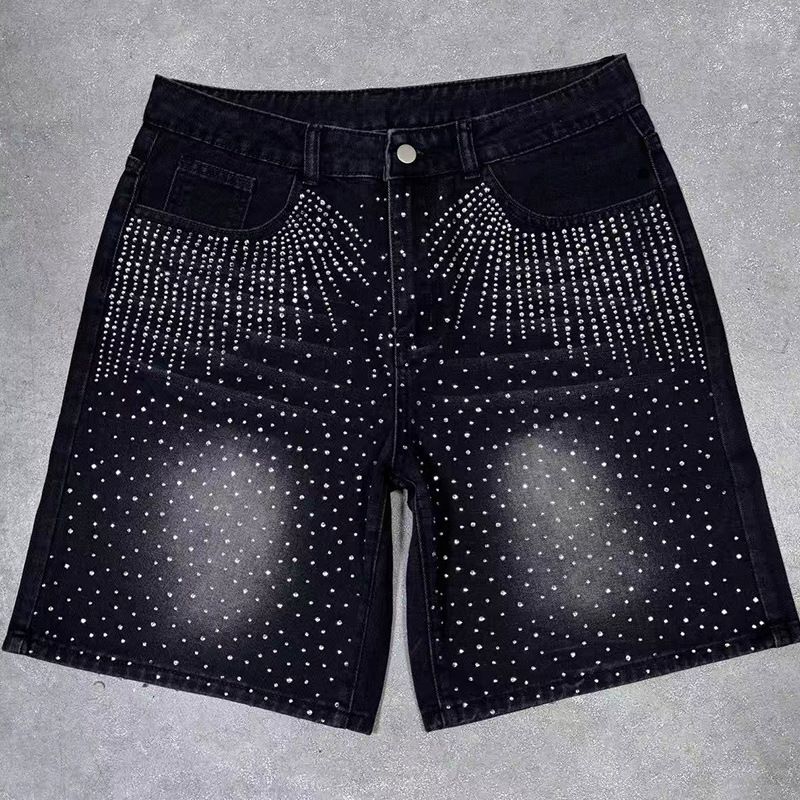 "Men's Distressed Denim Shorts – Vintage Washed, Rhinestone Studded, Straight Leg (Sizes 30-36, Black/Grey/Blue)"_mkmklike.com