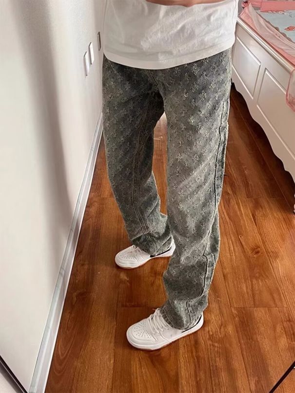 Men's Straight Leg Blue Jacquard All Over Print Jeans Trendy Summer Design Niche Style High Street Vibe Pants_mkmklike.com