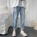 Summer Nine-point Jeans Men's Personality Scraped Loose Korean Version Ripped Summer Elastic Waist Beggar Pants_mkmklike.com
