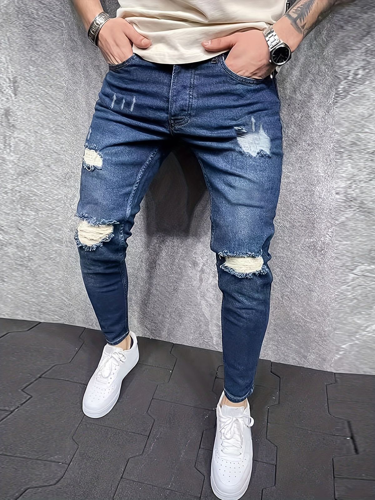 European And American Elastic Small Feet Broken Copper Slim Men's Jeans And Trousers_mkmklike.com