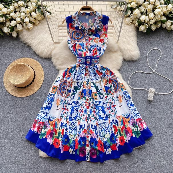 Women's French palace style dress for women new sleeveless vest niche printed waist slimming dress skirt_mkmklike.com