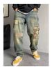 Men's Korean-Inspired Patchwork Denim Pants – Slim Tapered Jogger Jeans With Embroidery & Badge Details (28-36, Washed Blue)_mkmklike.com
