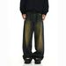 Men's Retro Distressed Washed Yellow Mud-Dyed Loose Straight Jeans High Street Mid Waist Floor-Length Pants_mkmklike.com