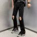 Streetwear Black Ripped Jeans With Side Zipper - Slim Straight Fit Punk Denim Pants For Men (S-3XL)_mkmklike.com