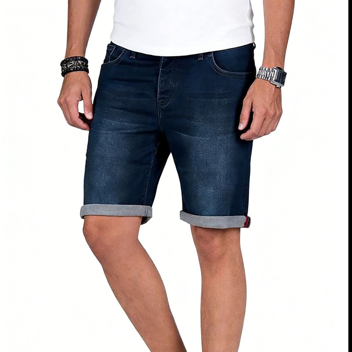 Big & Tall Men's Stretch Denim Shorts - 5-Inch Inseam Roll-Cuff Casual Summer Shorts With Elastic Waistband_mkmklike.com
