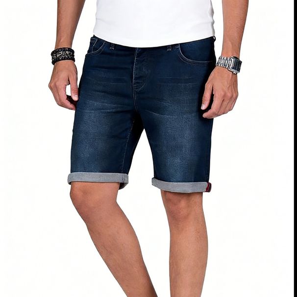 Big & Tall Men's Stretch Denim Shorts - 5-Inch Inseam Roll-Cuff Casual Summer Shorts With Elastic Waistband_mkmklike.com