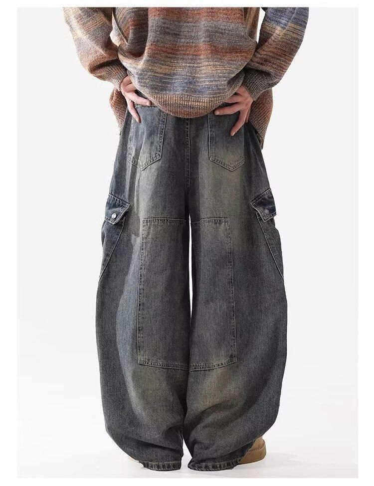 Retro American Washed Scimitar Jeans Deconstructed Slimming Straight Wide Leg Trousers Loose Casual Jeans for Men And Women_mkmklike.com