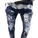 Men's Slim Fit Jeans With Ripped & Patch Details, Casual Stretch Denim Pants For Everyday Wear, Blue_mkmklike.com