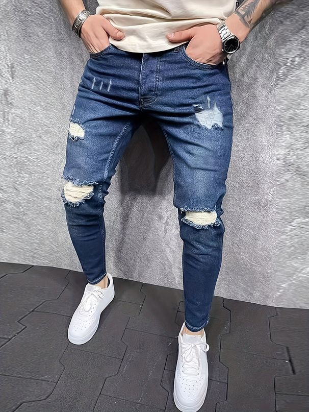 Men's Stretch Skinny Jeans - High Waist Slim Fit Denim Pants With Distressed Details & Comfortable Elastic Fabric For Casual Wear_mkmklike.com
