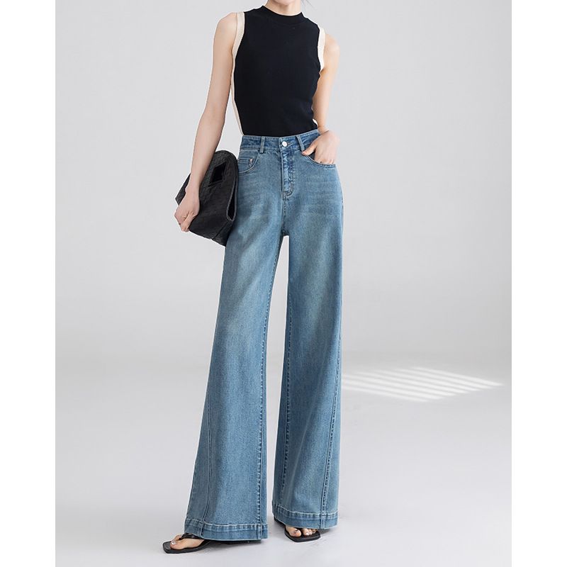 Fashionable High-Waisted Wide-Leg Jeans For Women – Straight & Flared Hem, Comfortable Stretch Denim, Elegant Casual & Office Wear_mkmklike.com