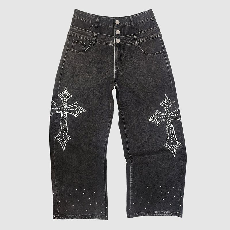 Fashion Double Waist Trendy Men's Jeans Personalized Hot Diamond High Quality New Loose Trousers_mkmklike.com