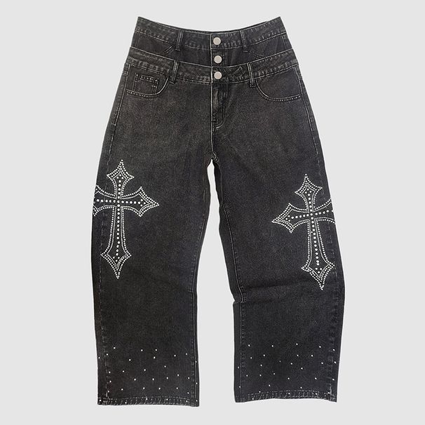 Fashion Double Waist Trendy Men's Jeans Personalized Hot Diamond High Quality New Loose Trousers_mkmklike.com